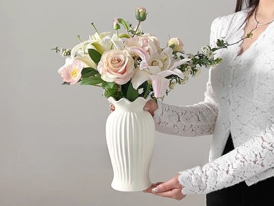 法式小蛮腰陶瓷花瓶轻奢复古客厅餐桌装饰品哑光白色水养插花摆件图7