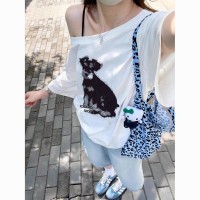 美式辣妹斜肩短袖t恤女夏季小狗印花宽松休闲慵懒高级感露肩上衣