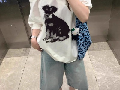 美式辣妹斜肩短袖t恤女夏季小狗印花宽松休闲慵懒高级感露肩上衣图6