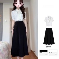 白色蝴蝶结短袖衬衫女教资面试套装夏季通勤黑色A字裙两件裙套装