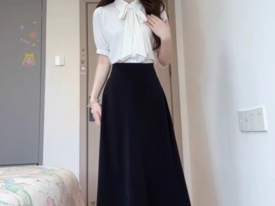 白色蝴蝶结短袖衬衫女教资面试套装夏季通勤黑色A字裙两件裙套装图4