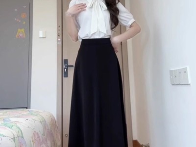 白色蝴蝶结短袖衬衫女教资面试套装夏季通勤黑色A字裙两件裙套装图5