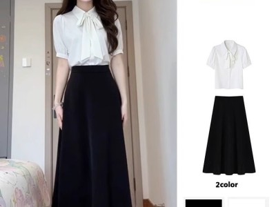 白色蝴蝶结短袖衬衫女教资面试套装夏季通勤黑色A字裙两件裙套装图6