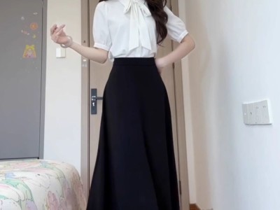 白色蝴蝶结短袖衬衫女教资面试套装夏季通勤黑色A字裙两件裙套装图7