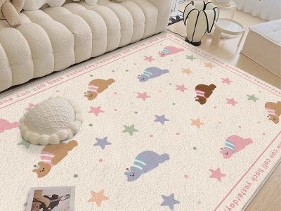 新款奶油风免打理出租屋卧室床边地垫家用沙发茶几毯图7