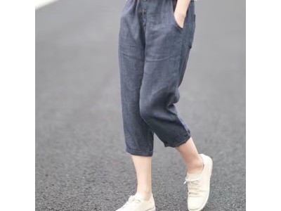 罗蒙（ROMON）冰丝棉麻七分裤女夏日系原单大码亚麻薄宽松休闲小脚哈伦图4