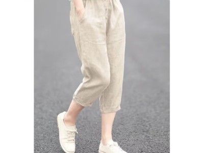 罗蒙（ROMON）冰丝棉麻七分裤女夏日系原单大码亚麻薄宽松休闲小脚哈伦图2