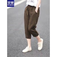 罗蒙（ROMON）冰丝棉麻七分裤女夏日系原单大码亚麻薄宽松休闲小脚哈伦