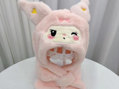 冬季库洛米儿童帽子围巾一体帽女童可爱围脖两件套保暖护耳毛绒帽图5