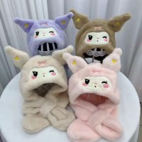 冬季库洛米儿童帽子围巾一体帽女童可爱围脖两件套保暖护耳毛绒帽